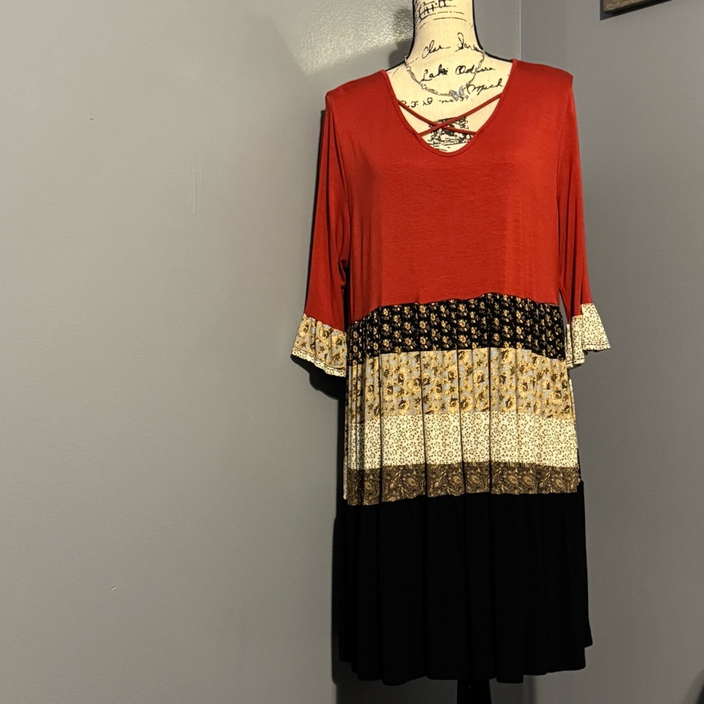 Adara Red and Cream Ruffled Midi Tunic Dress